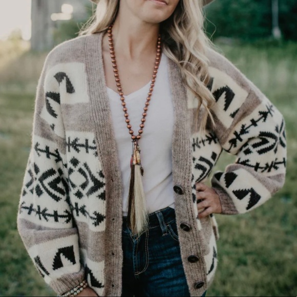 New Aztec Western Print Native Knit Wool Cardigan Sweater Button Front V-Neck - Picture 3 of 3